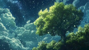 梦幻夜空下的葱郁大树