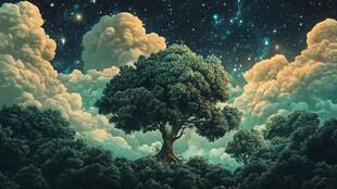 梦幻夜空下的孤独大树