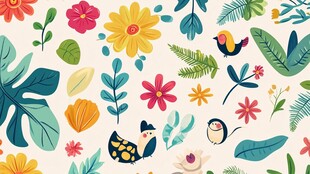 花卉小鸟绿叶缤纷图案