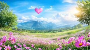 浪漫花海与天空爱心美景