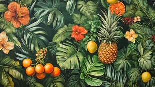 热带花卉水果植物插画