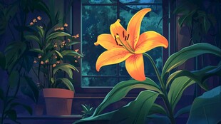 窗边绽放的艳丽橙色百合