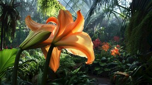 温室中绽放的艳丽橙色百合