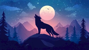 月夜孤狼山林嚎叫景象