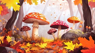 秋日森林中的梦幻蘑菇景观