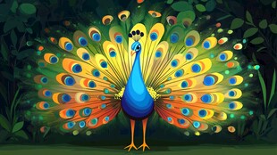 五彩孔雀开屏于绿野间