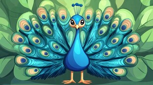 蓝色孔雀开屏 卡通形象