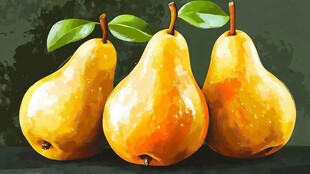 三个金黄梨子的水彩画