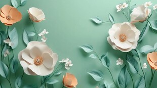 纸艺花卉装点清新绿背景