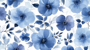 蓝色花卉水彩无缝图案