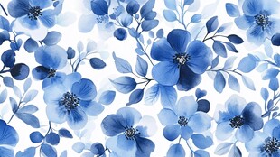 蓝色花卉水彩无缝图案