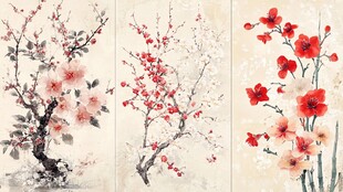 三联花卉水墨画艺术作品