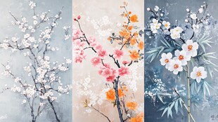 三幅中式花卉艺术画作