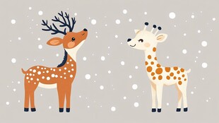 冬日小鹿与小长颈鹿相伴