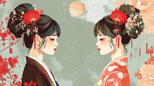 古风双姝对影赏明月