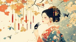 秋日佳人赏景图