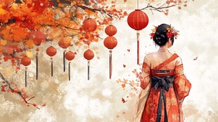 秋日汉服佳人赏红灯