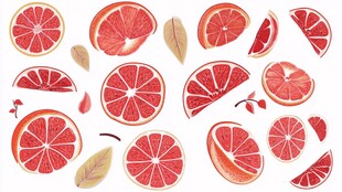 水彩风西柚切片与叶片图案