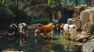 牛群于山水间悠然饮水