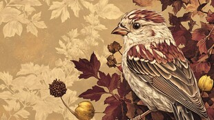 复古风花鸟图案中的雀鸟