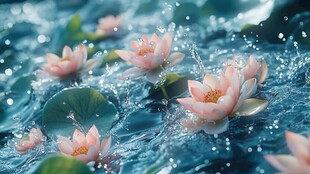 碧波上绽放的粉嫩荷花