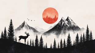 山林落日下的麋鹿剪影
