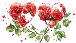双心红玫瑰水彩艺术画