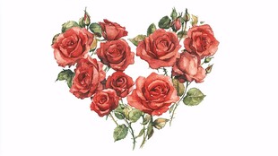 心形红玫瑰水彩插画