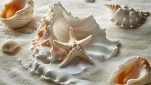 沙滩上的海星与贝壳组合