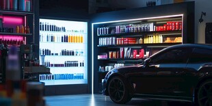 豪车旁琳琅满目的商品陈列