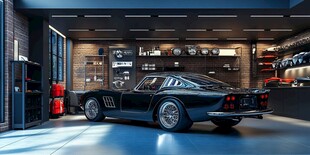 复古车库中的经典黑色跑车