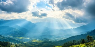 阳光穿透云层照耀山峦