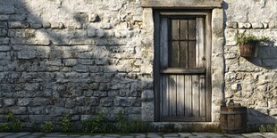 古朴石墙木门的静谧角落