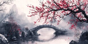 水墨桥畔 红梅绽于山水间