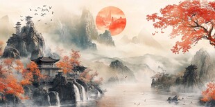 秋日山水诗意画卷