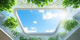 天窗绿意间 邂逅蓝天白云