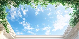 仰望蓝天绿植下的建筑