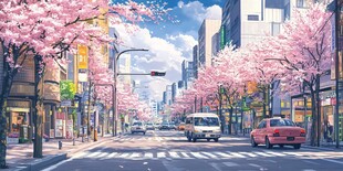 春日樱花烂漫的城市街道