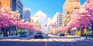 樱花烂漫的城市街道风景