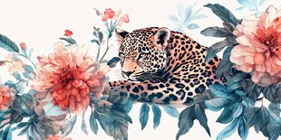 豹隐花丛间 水彩绘自然