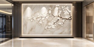 中式大理石花卉玄关背景墙