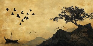 孤舟飞鸟伴古树山川景