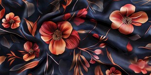 深蓝底红花丝绸布料纹理