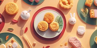 中秋月饼与可爱玉兔摆件