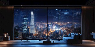 都市夜景下的舒适客厅空间