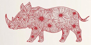 花卉图案装饰的红色犀牛