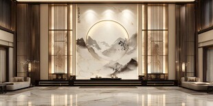 中式大气酒店大堂山水壁画
