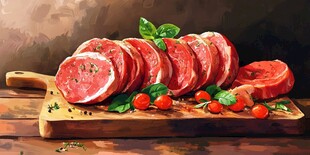 砧板上的美味生肉与蔬果