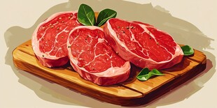 新鲜牛排置于木砧板上