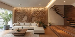 现代客厅 木雕墙与舒适沙发